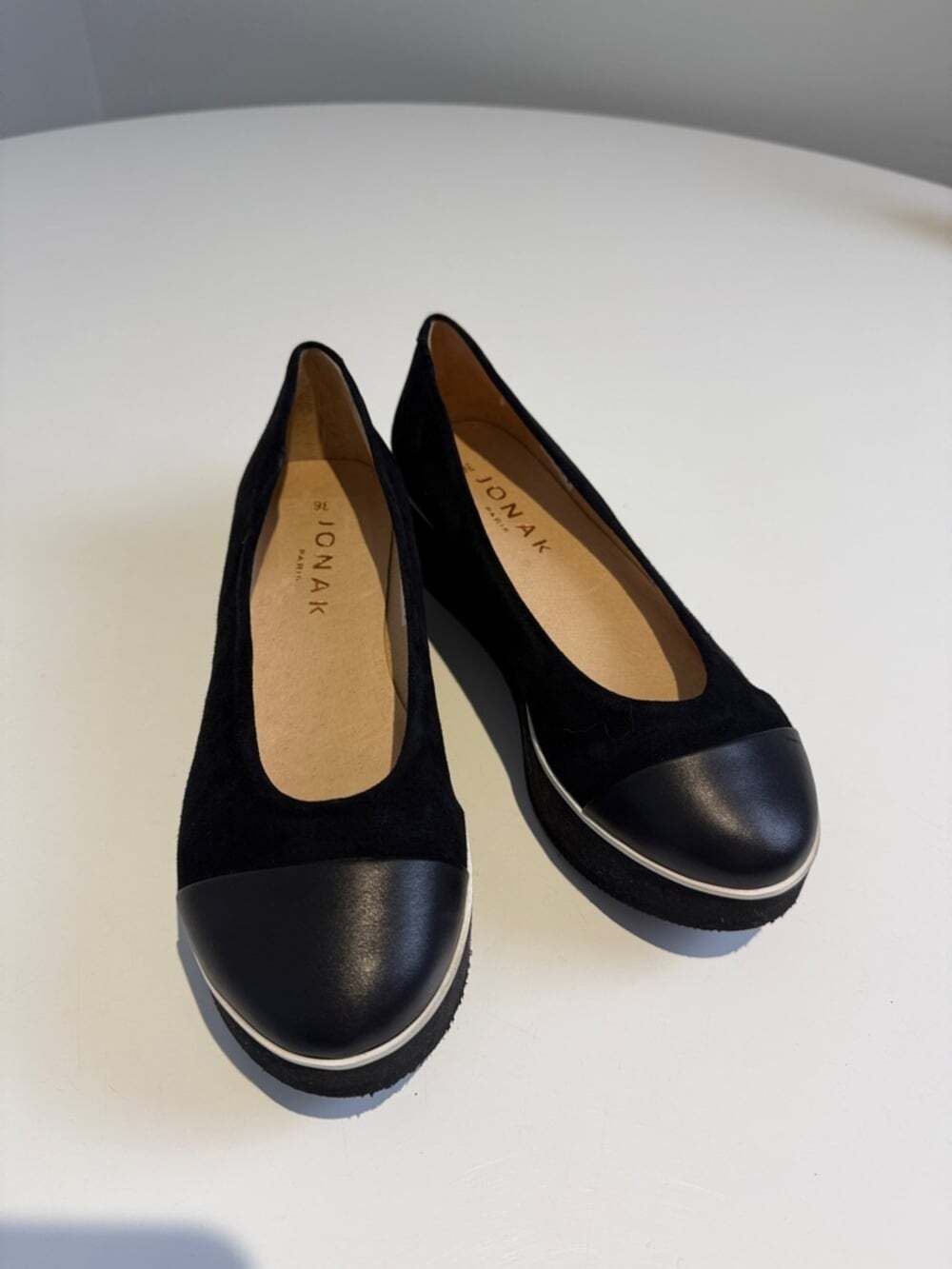 Jonak Paris Black Suede and Leather Cap-Toe Shoes